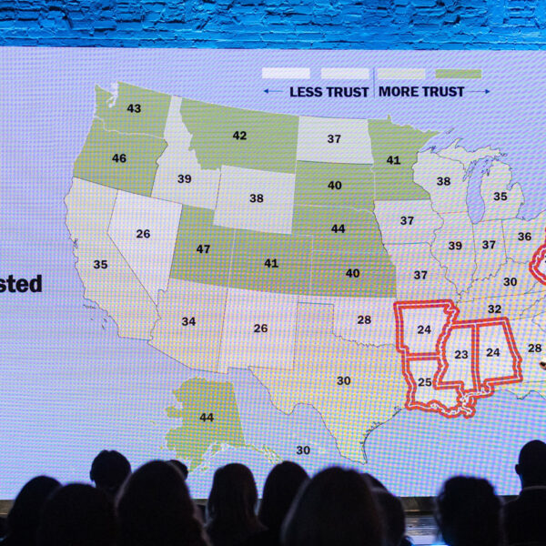 Two presenters on a stage with a large map of the United States showing trust levels by state, speaking to a seated audience.